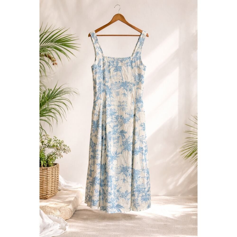 Joie Linen Blend Tropical Midi Dress Blue Cream Smocked Back Pockets Resort 14